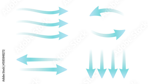 Set of blue arrows illustrating air flow and wind direction. Represents cool fresh streams from an air conditioner. Vector illustration isolated on a white background. EPS10
