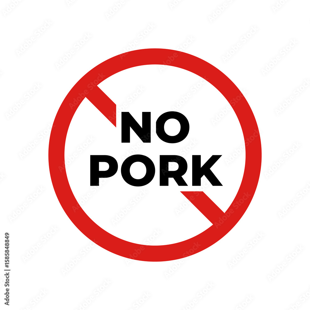 Prohibited pork meat logo with red crossed pig symbol Prohibited pork meat logo with red crossed pig symbol