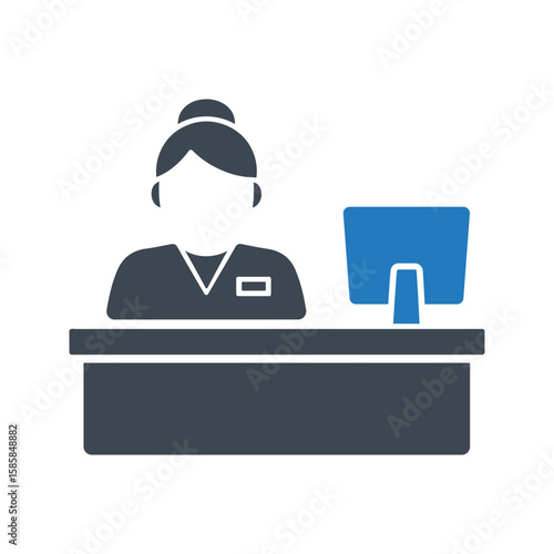Receptionist at desk with computer icon