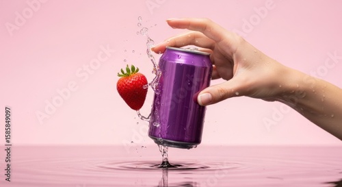Wallpaper Mural Hand holding a purple can with water splashing around it and a strawberry on a pink background. Torontodigital.ca