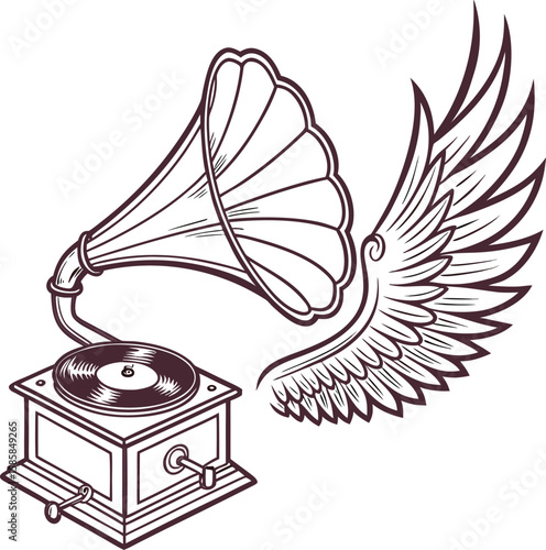 A retro gramophone with a large megaphone projects vintage music, a nostalgic illustration of old-style audio entertainment equipment
