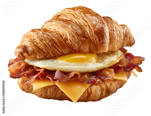 An egg, bacon, and cheese croissant sandwich on a white background