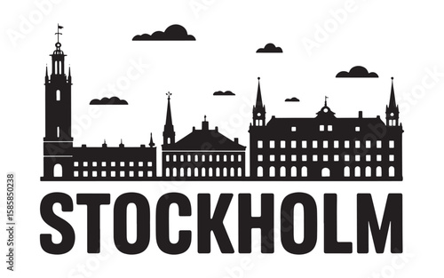 Black and White Silhouette of Stockholm Skyline with Clouds and Bold Text Displaying the Citys Name at the Bottom