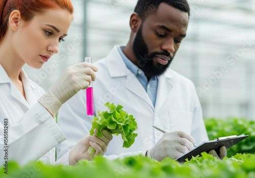 Scientists examine lettuce and pink liquid in test tube in greenhouse woman laboratory