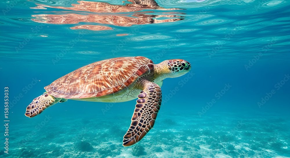 Fototapeta premium Sea Turtle Underwater: Vibrant Shell, Serene Aquatic Scene