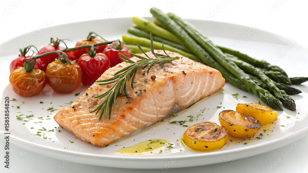 A grilled salmon fillet with asparagus and tomatoes is isolated on white background A grilled salmon fillet with asparagus and tomatoes is isolated on white background
