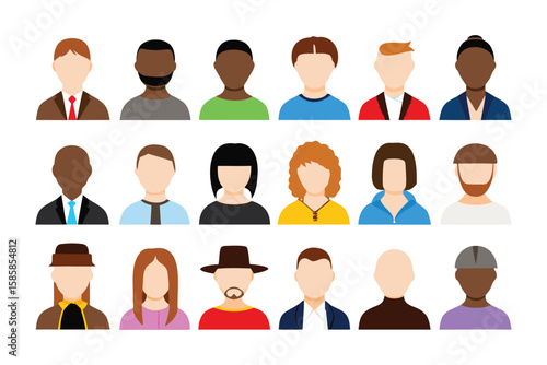 Diverse Faces: A vibrant representation of diversity, featuring an array of simplified portrait icons showcasing various skin tones, hairstyles, and expressions.