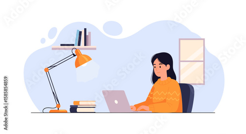 A focused young woman works diligently on her laptop at a desk, surrounded by books and illuminated by a warm lamp, depicting remote work.