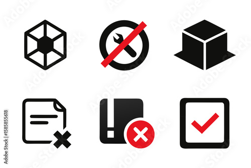 Set of simple flat icons representing various concepts such as 3D modeling prohibition download file deletion error and approval isolated on white background