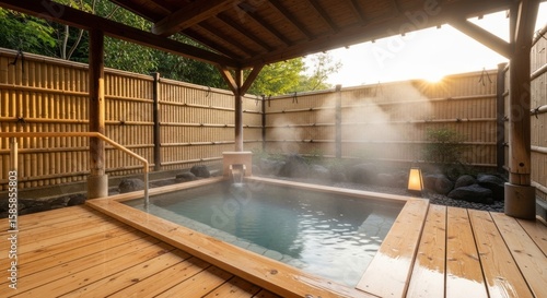 Wallpaper Mural A tranquil Japanese onsen, an outdoor hot spring bath with steaming water set in a wooden tub and surrounded by a bamboo fence at sunset Torontodigital.ca
