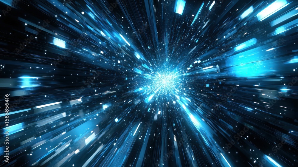 A blue and white tunnel with glowing blue lights and particles moving through it. A blue and white tunnel with glowing blue lights and particles moving through it.