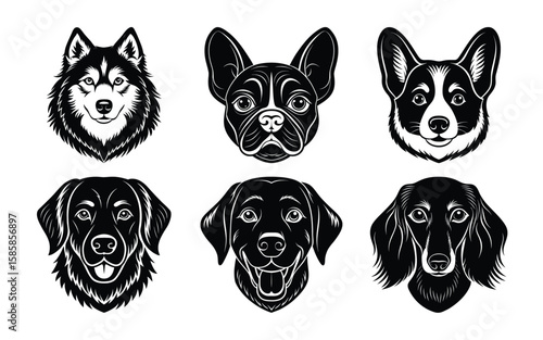 Six Dog Breed Portraits: Monochrome, Vector, Happy, Friendly,  Stylish, Canine Heads.