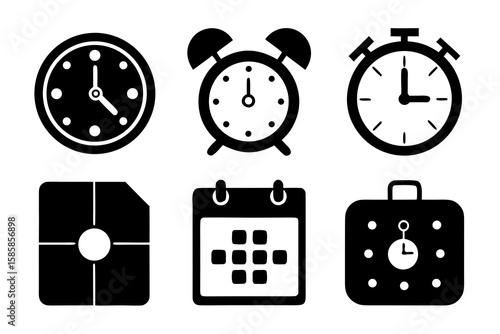 Set of Black and White Time Management Icons Representing Clock Alarm Stopwatch Schedule Calendar and Business Trip Isolated on White Background for Graphic Design