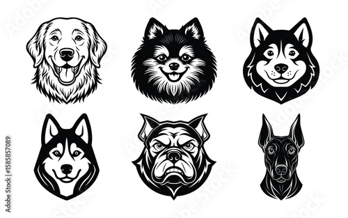 Six Dog Breed Portraits: Monochrome, Vintage Style, Happy and Serious Expressions