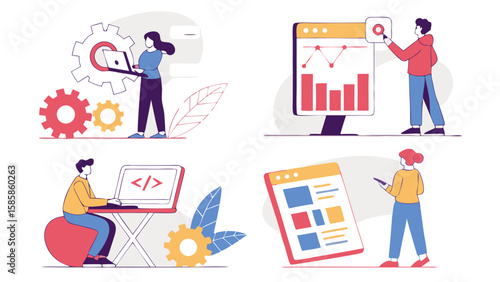 A diverse team of professionals engaged in data analysis and programming, utilizing modern technology in a creative workspace.