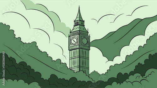 Big ben london england landmark illustration of elizabeth tower with clock and cloudy sky background