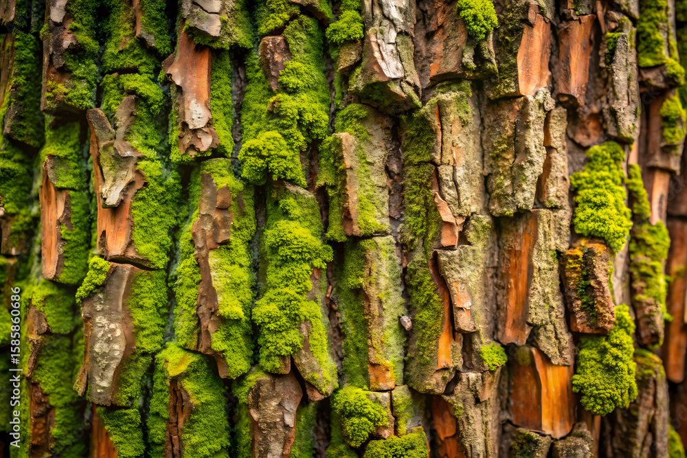 Close up view of a textured tree bark background, showcasing intricate patterns and natural hues with subtle green moss details, offering an earthy, organic aesthetic Close up view of a textured tree bark background, showcasing intricate patterns and natural hues with subtle green moss details, offering an earthy, organic aesthetic