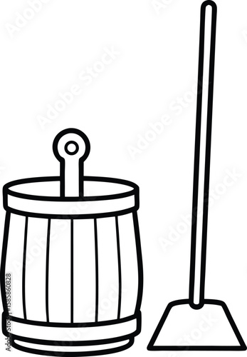 Butter churn and dustpan line art vector illustration