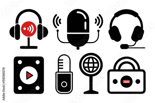 Podcast and Radio Icon Set with Microphones Headphones Recording Device and Globe Representing Audio Production Broadcasting and Communication in a Minimalist Design