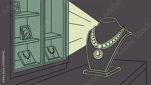 Jewelry store display case with necklaces and pendants under spotlight for retail showcase design