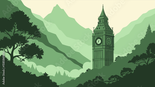 Big ben london england landmark architecture travel destination scenic green landscape illustration vector art