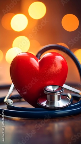 Close-up of a red heart and stethoscope, warm bokeh background