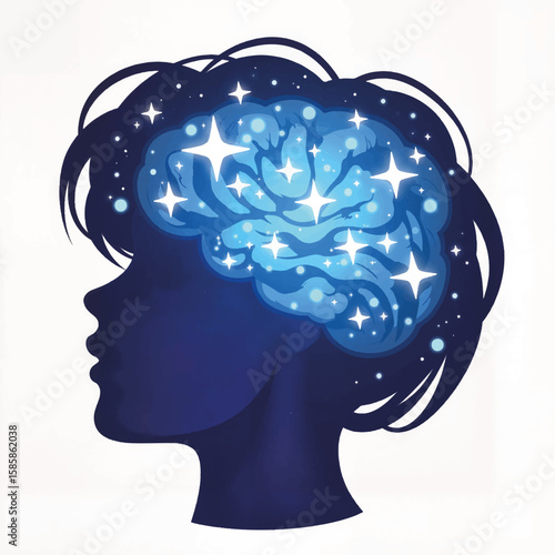 Artistic silhouette of a person with a starry brain illustration  