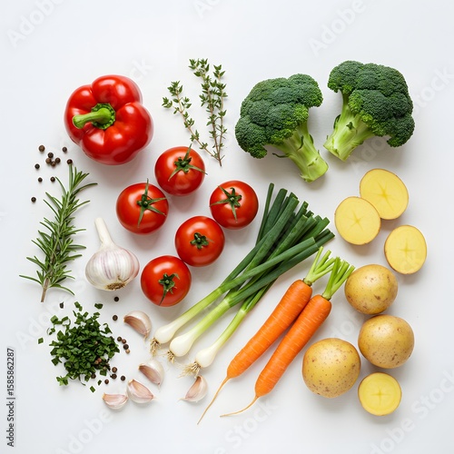 Vibrant array of fresh, colorful vegetables and herbs. A culinary still life, featuring tomatoes, pepper, broccoli, and more