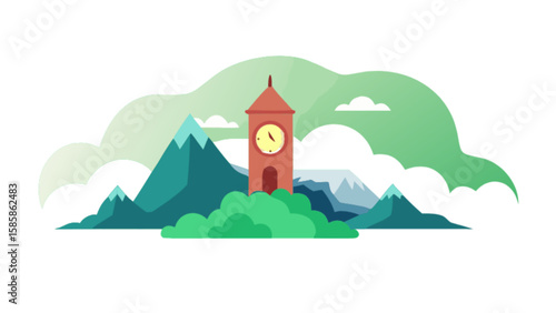 Mountain clock tower landscape vector illustration for travel and tourism advertisement design art