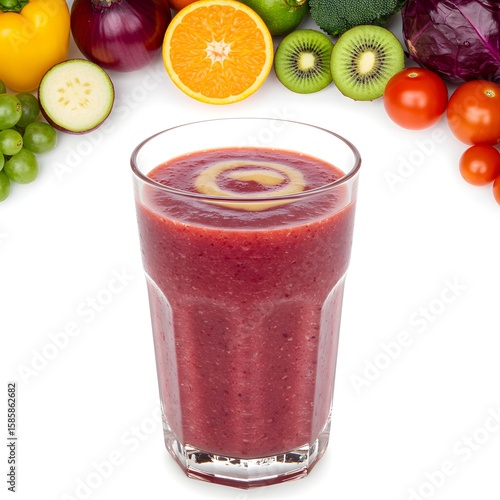 A refreshing smoothie, surrounded by fresh fruits and vegetables, perfectly captures the essence of a healthy lifestyle. The colorful assortment of produce promises a burst of flavor