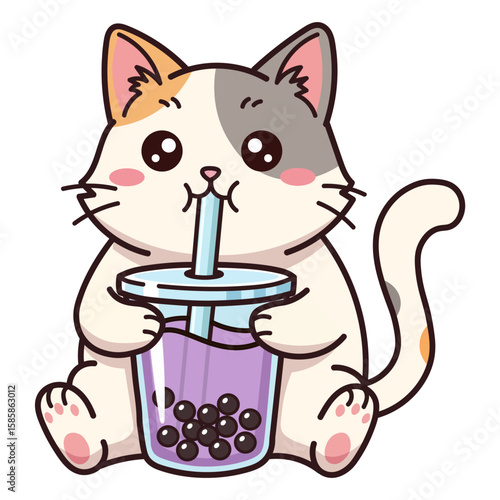 Cute kawaii calico cat drinking purple taro bubble tea (boba). Funny character enjoying a sweet drink. Perfect mascot for a boba shop, cafe logo, foodie blog, or sticker. Vector illustration isolated 