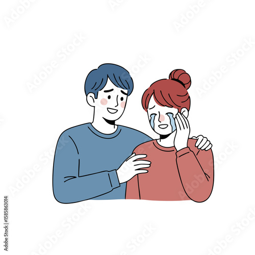 A supportive man comforting a woman who is crying.