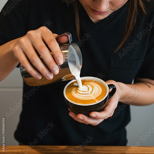 An elegant barista delicately pouring milk to create beautiful latte art. The image captures the art of coffee making