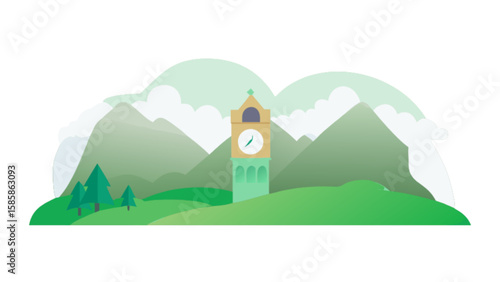 Clock tower in scenic mountain landscape vector illustration for travel and tourism design projects