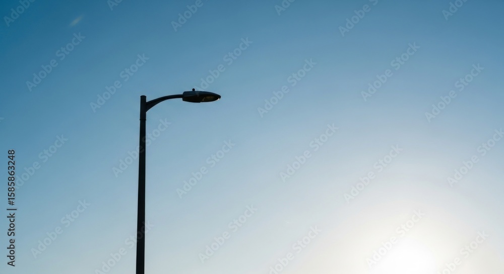 Minimalist silhouette of a modern street lamp against a clear, gradient blue sky with a bright sun. Minimalist silhouette of a modern street lamp against a clear, gradient blue sky with a bright sun.