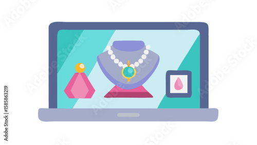Online jewelry shopping store on laptop showing necklace perfume and gem for sale from home business