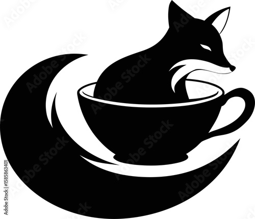 Curled Fox Silhouette Inside a Teacup