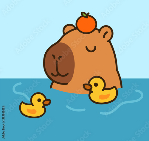 Cute kawaii capybara relaxing in a yuzu onsen bath with little rubber ducks. Zen and peaceful character for wellness and self-care themes. Perfect vector illustration for stickers, spa decor, and ment