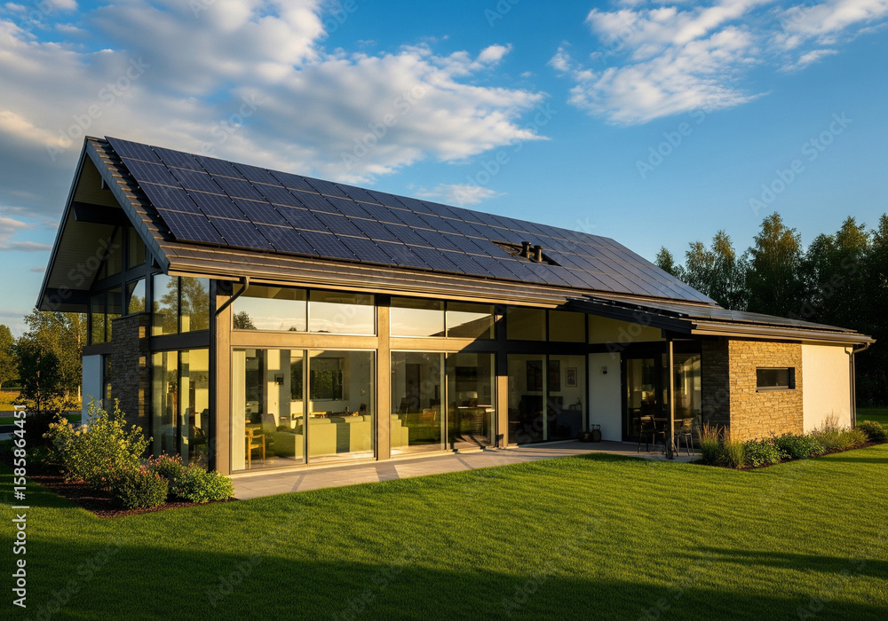 Obraz premium Sun-Powered Harmony: A Modern Eco-Home