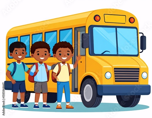 Joyful School Bus Ride: Three Smiling African American Boys Ready for Adventure