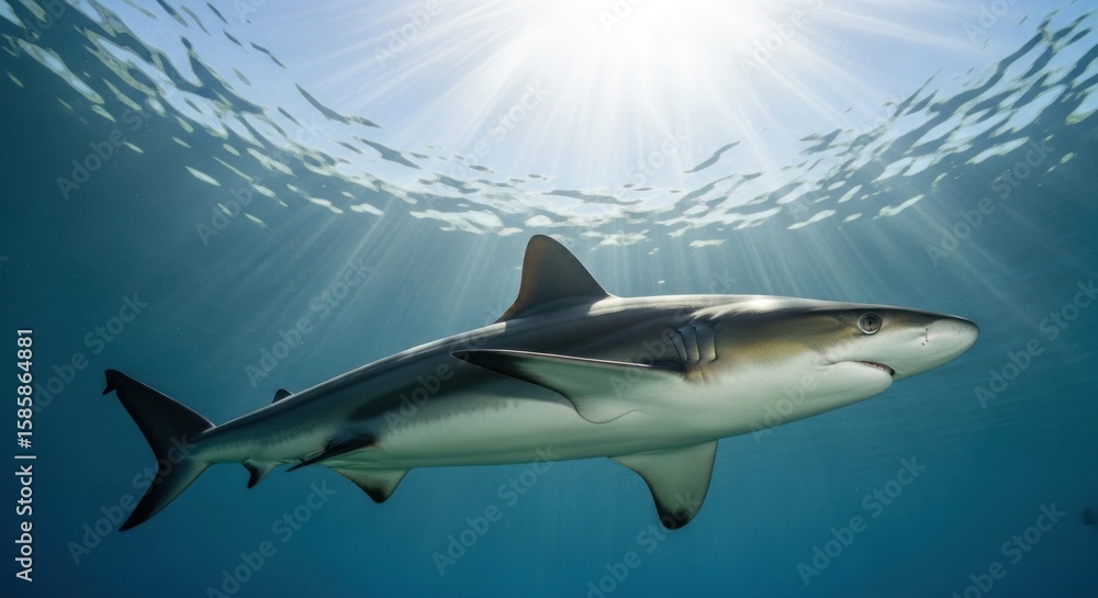 Fototapeta premium A powerful shark gracefully glides through the clear blue ocean as sun rays illuminate the water from above