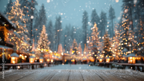 Frosty wooden platform with glowing forest and snow-covered Christmas trees, warmly lit winter holiday village background ideal for seasonal mockup or festive promotional design