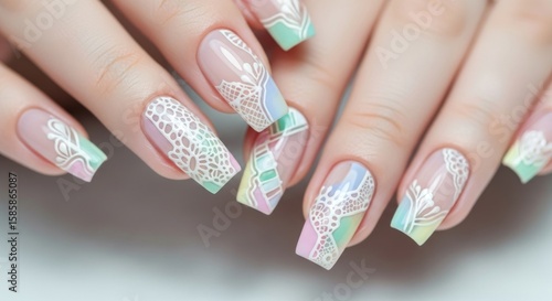 Wallpaper Mural Elegant pastel French manicure featuring intricate white lace nail art on long, beautiful square nails. Torontodigital.ca