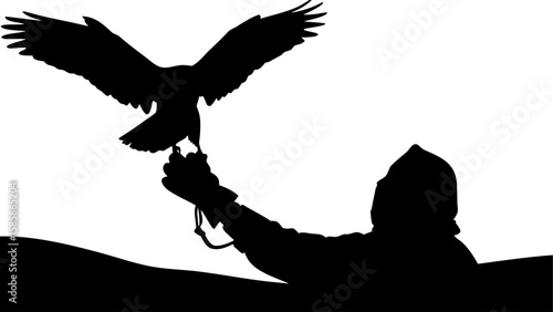 Silhouette of falconer with hooded figure and bird of prey with outstretched wings in black and white style