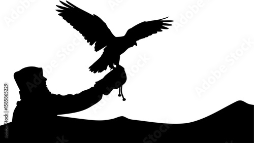 Silhouette of falconer with hooded figure and eagle perched on gloved hand against white background view