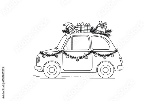 Christmas car drawing. Black and white outline of a festive car decorated with garlands, gifts, and a snowman for Christmas. Vector sketch line art draw.