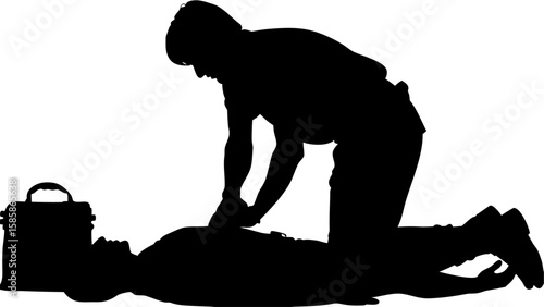 Silhouette of a person performing cpr on another person next to a first aid kit on a white background