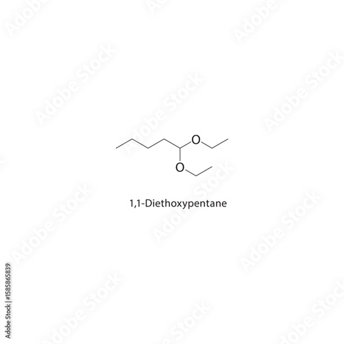 1,1-Diethoxypentane skeletal structure. acetal compound schematic illustration. Simple diagram, chemical formula.