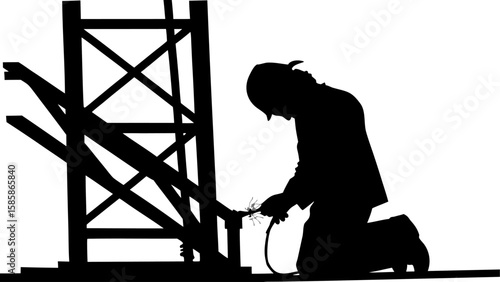 Silhouette of a worker welding on a metal structure with a helmet and protective gear in monochrome view