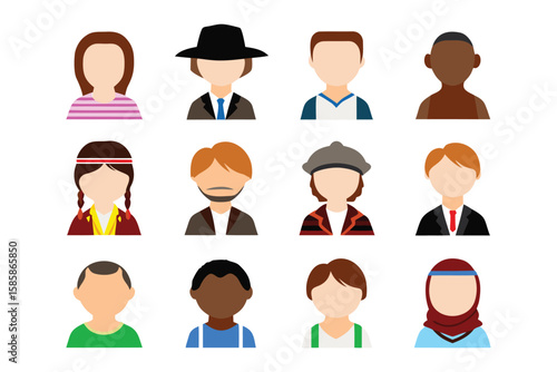 Diversity in Portraits: A collection of illustrated faces, showcasing a mosaic of ethnicities and cultures, symbolizing unity and the human experience in a clean, modern style.